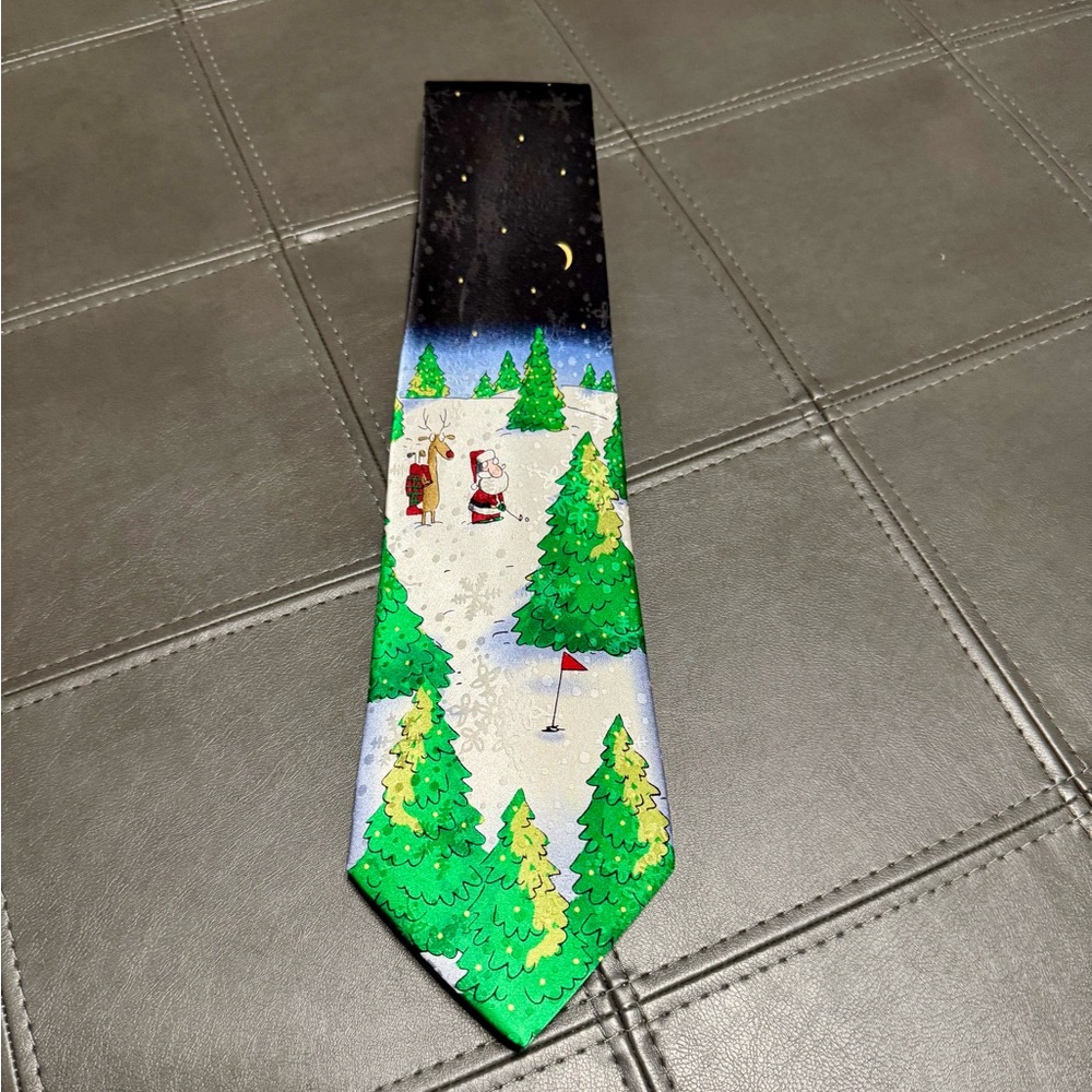 American Greetings Holiday Tie with Golfing Santa and Reindeer Caddy, 100% Silk
